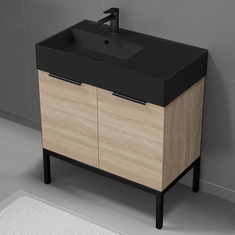Nameeks DERIN722 Modern Bathroom Vanity With Black Sink, Free Standing, 32 Inch, Brown Oak